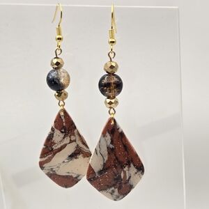 #B347- Artistic Gold and Brown Marble Earrings